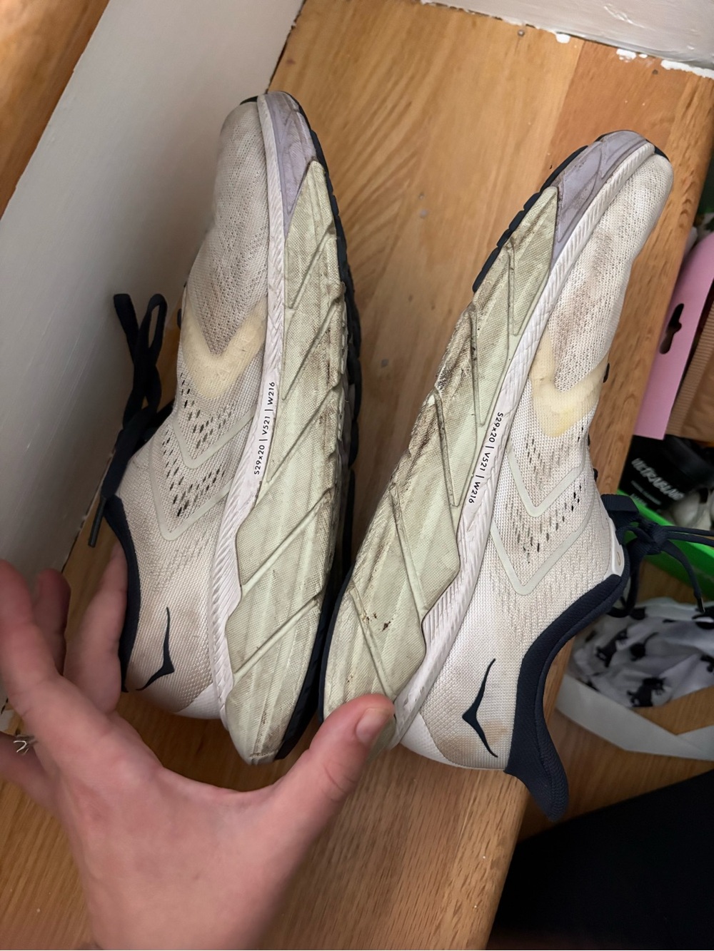 Hoka Neutral Beige Running Sneakers with Navy Trim - Picture 2 of 5